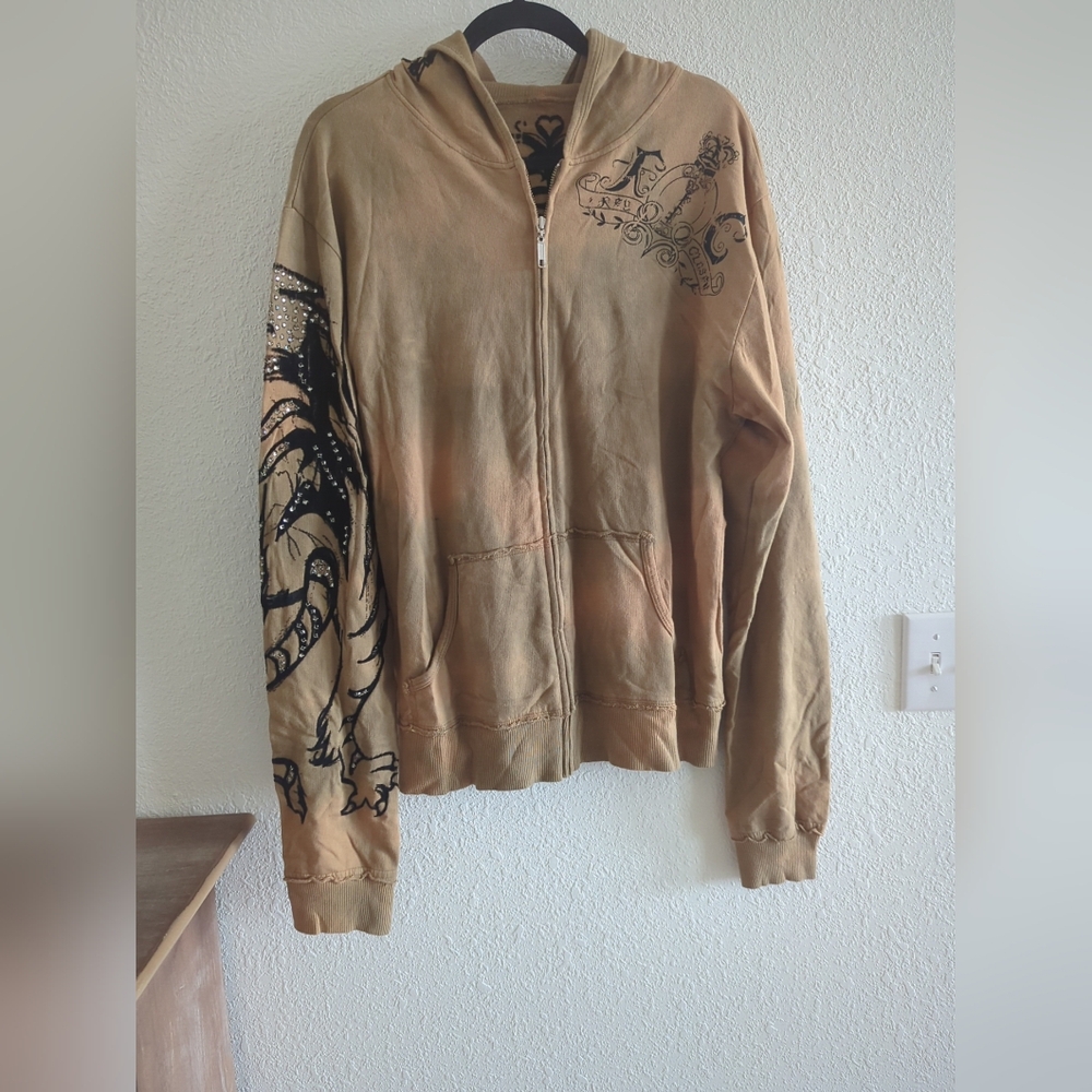 KEY CLOSET Zip Iconic Hoody/Jacket with Tribal Tiger Print Ecru Tan Large